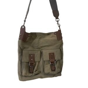 MO & CO BAGS Messenger‎ Olive Canvas w/ Brown Leather Accents XL Crossbody Boho